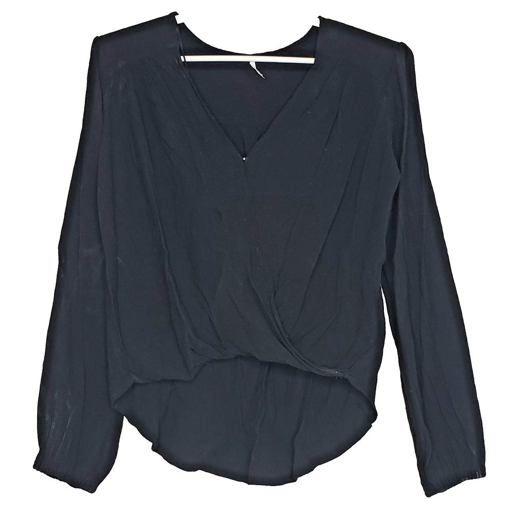 Free‎ People Boho Top Womens Size Small Black Long Puff Sleeve V-Neck High Low